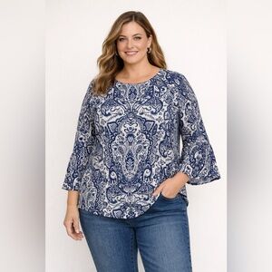 Liz Claiborne | Women's Blue White Paisley Print 3/4 Bell Sleeve | Size 2X